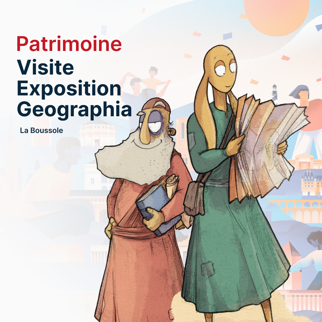 Visuel annonce "Visite exposition Geographia". Illustration des personnages de la BD